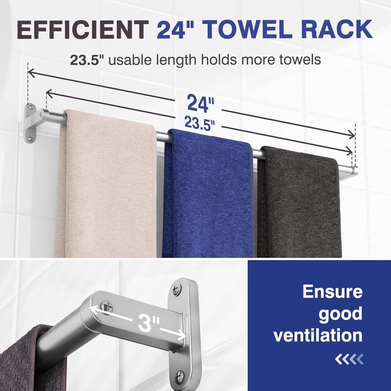 Powools Towel Rack for Bathroom - 24" Rustproof Towel Holder, Sturdy Towel Bar Wall Mounted, Space-Saving Towel Hanger, Bathroom Accessories, Home Decor, Apparment Essentials, Bright Silver - Image 3